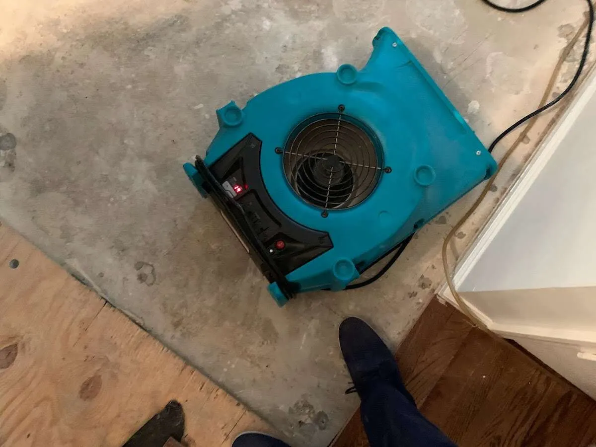 Air mover drying subfloor during Leak Detection & Repair in Sunny Isles Beach